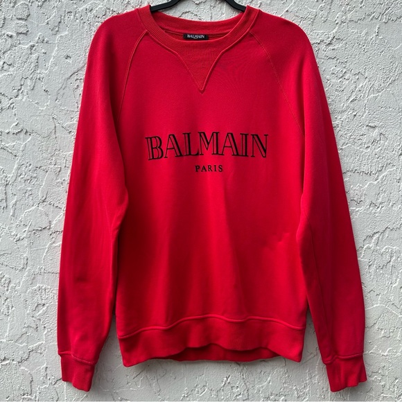 BALMAIN Sweatshirt Size Medium Crew Neck Pullover Designer Red - Picture 1 of 8